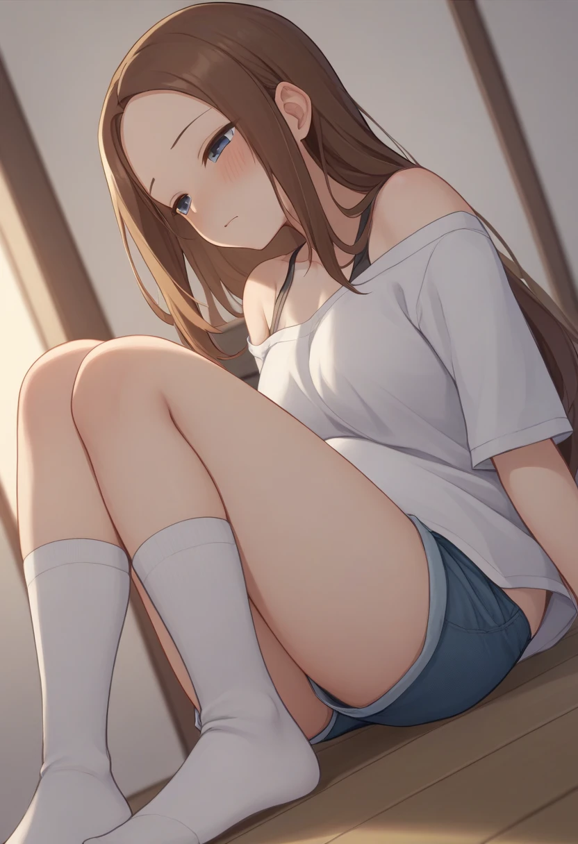 Takagi-san、(The whole body is visible:2)、Thick Chest、 Long Hair,Brown Hair、、blush、Half-closed eyes、Bedroom、Pregnant women、Off the shoulder、Denim shorts、Striped thigh-high socks、