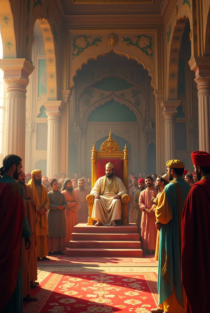 **Royal Court Scene**: Akbar seated on his ornate throne, surrounded by courtiers in a grand Mughal courtroom, with Birbal standing in front of him, ready to answer the emperor's question.