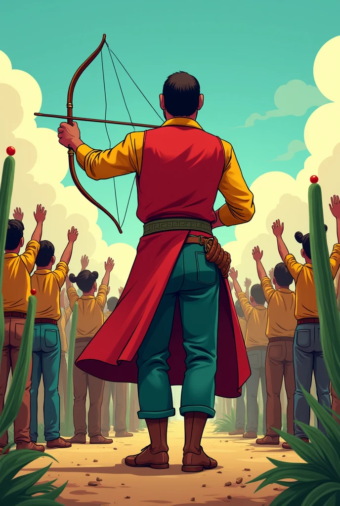 Miguel Hidalgo from behind, cartoonish and with his left hand raised holding a bow, at your side, some peasants raising their hands holding nopales with their backs turned