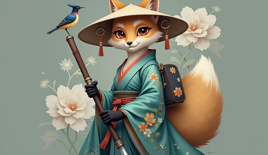 A majestic anthropomorphic fox character dressed in traditional Japanese samurai attire. The character wears a vibrant teal kimono adorned with floral patterns, a wide-brimmed straw hat decorated with flowers, and carries a wooden staff. In one hand, they hold a long sword, poised for action. The character's fur is golden, and they have large, expressive eyes, and a fluffy tail. A bird is perched on the sword, adding a touch of nature to the scene. The background is minimalistic with delicate floral designs, giving the image an elegant, historical feel
