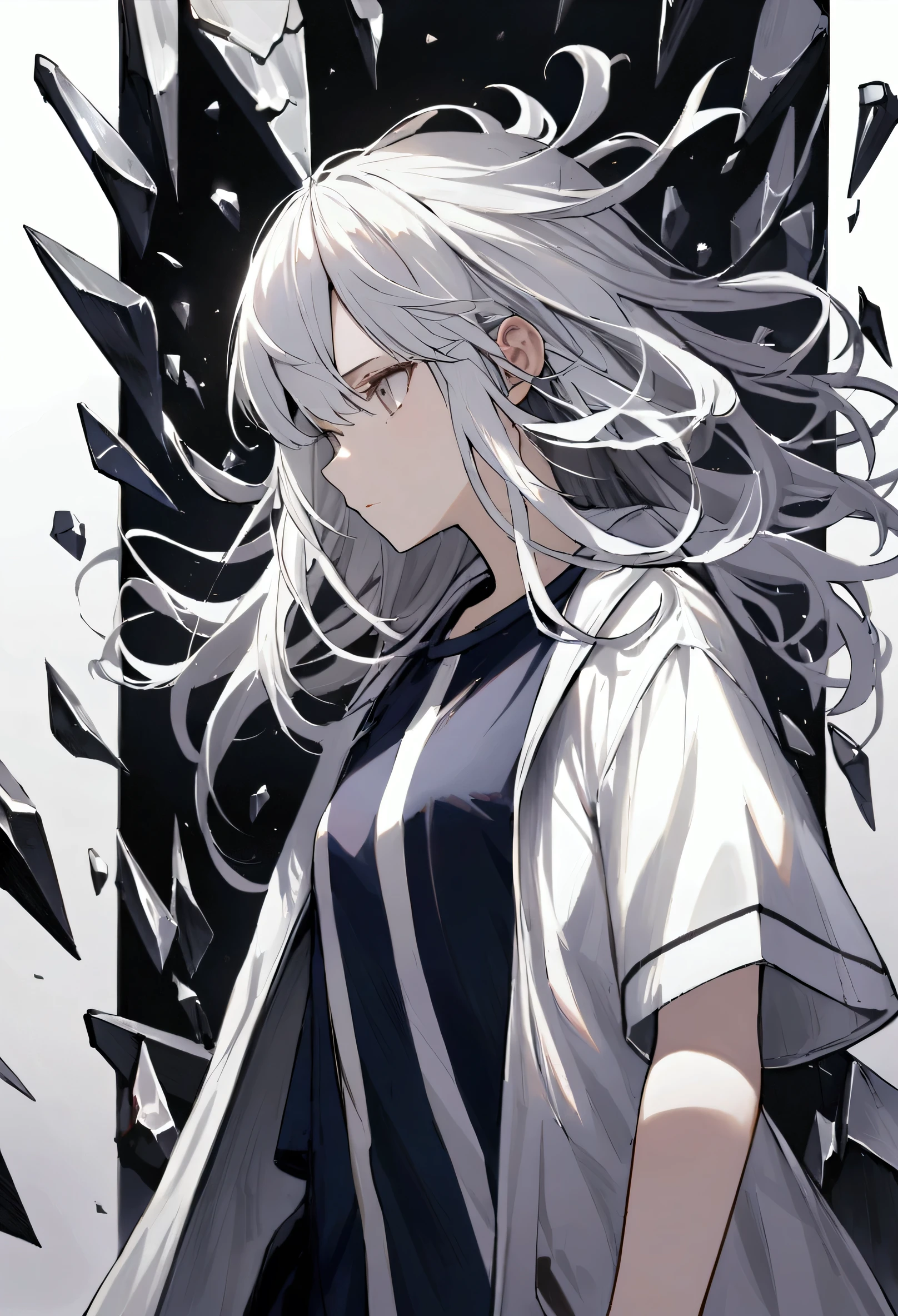 Teenage girl, tidy hair, medium length hair, multicolored black and white hair, middle stripe, gray eyes, face neutral, dark blue shirt, loose white short sleeve overcoat, white tattoos on the body, metal shards around the character
