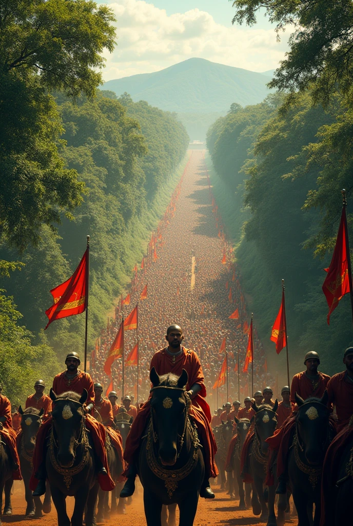 The March to Anuradhapura
Scene: Dutugemunu leads his army on the march toward Anuradhapura. The scene captures a long column of soldiers, elephants, and chariots making their way through a dense jungle. Dutugemunu rides at the front, his gaze fixed ahead. The landscape around them is lush, with tall trees and the distant silhouette of mountains, symbolizing the journey through the heart of the island.