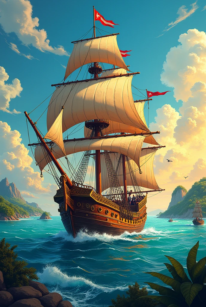 Create me an image of a ship representing the Spanish invasion of America with illustrated Panamanian art