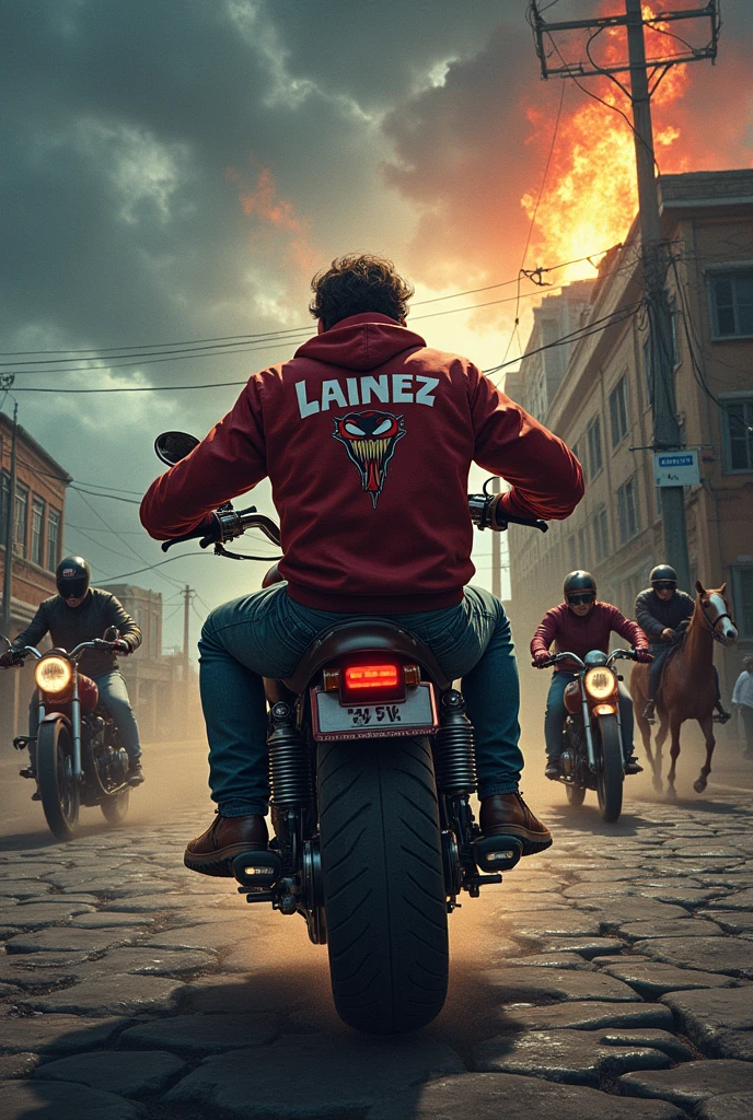 A man in El Salvador with a motorcycle possessed by Venom who on the red jacket says Lainez while driving on a street full of stones and fire from a volcano in a thunderstorm from behind while he is chased by the Phantom Avenger on a motorcycle and another on a horse and Pegasus, not all of them by Thor the god of thunder
