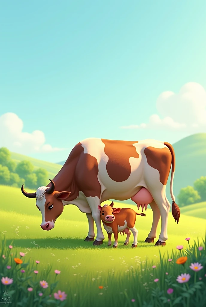 "A cow grazing in a field with a calf. The calf is nursing milk from the cow."