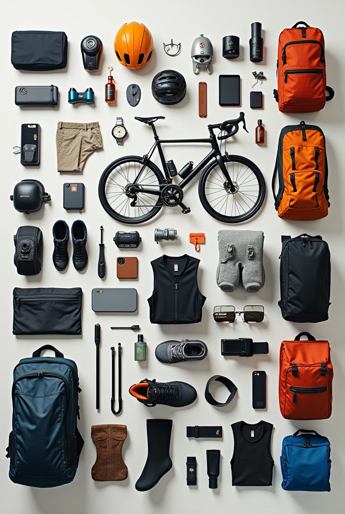 A hundred of any cyclist&#39;s items on one large painting means completeness, absence of a person, only items