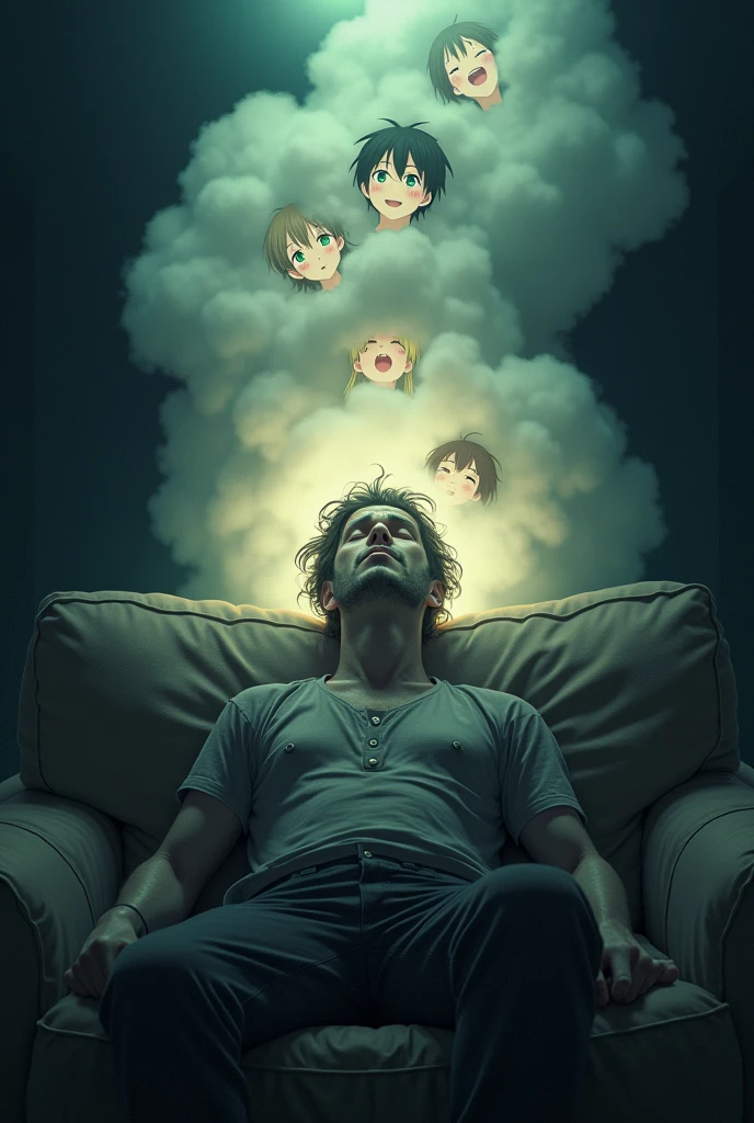 A man with a very tired face、Lying on a couch in a dark room、Close your eyes、Wearing worn out clothes。In his imaginary world、There was a big bright haze over his head、In the mist, the anime characters are smiling happily.。