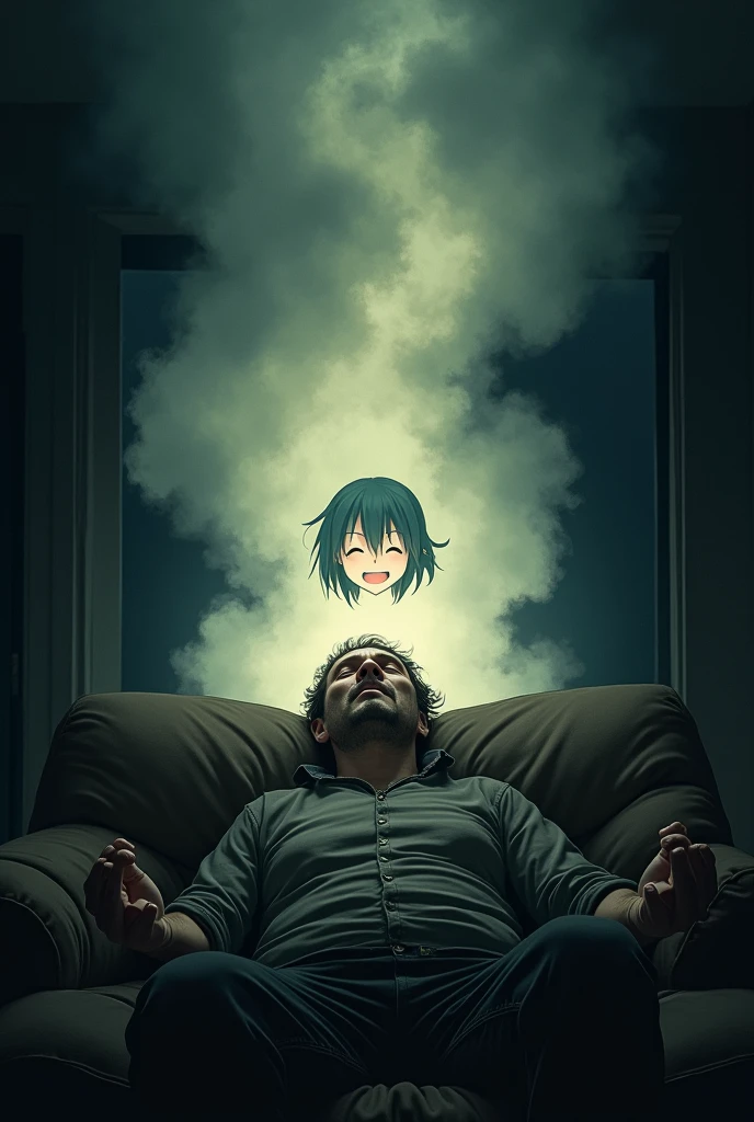 A man with a very tired face、Lying on a couch in a dark room、Close your eyes、Wearing worn out clothes。In his imaginary world、There was a big bright haze over his head、In the mist, the anime characters are smiling happily.。