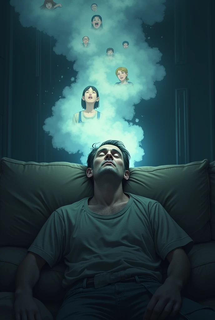 A man with a very tired face、Lying on a couch in a dark room、Close your eyes、Wearing worn out clothes。In his imaginary world、There was a big bright haze over his head、In the mist, the anime characters are smiling happily.。