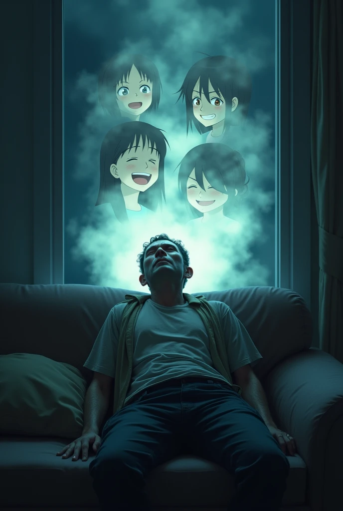 A man with a very tired face、Lying on a couch in a dark room、Close your eyes、Wearing worn out clothes。In his imaginary world、There was a big bright haze over his head、In the mist, the anime characters are smiling happily.。