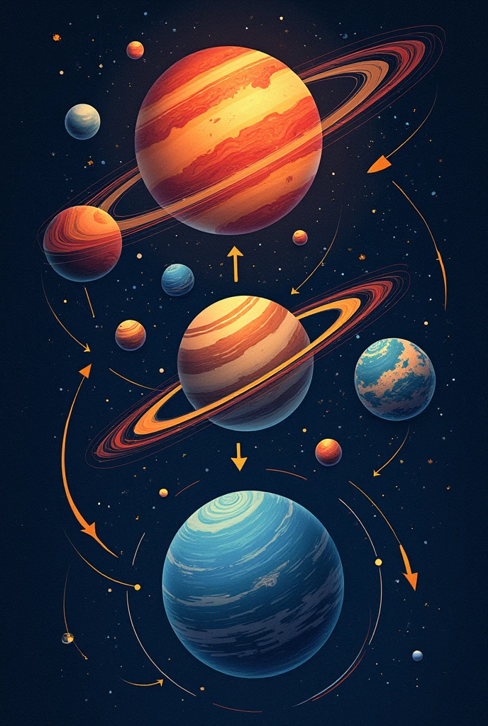 
image: Different planets with arrows indicating their gravitational pull.
