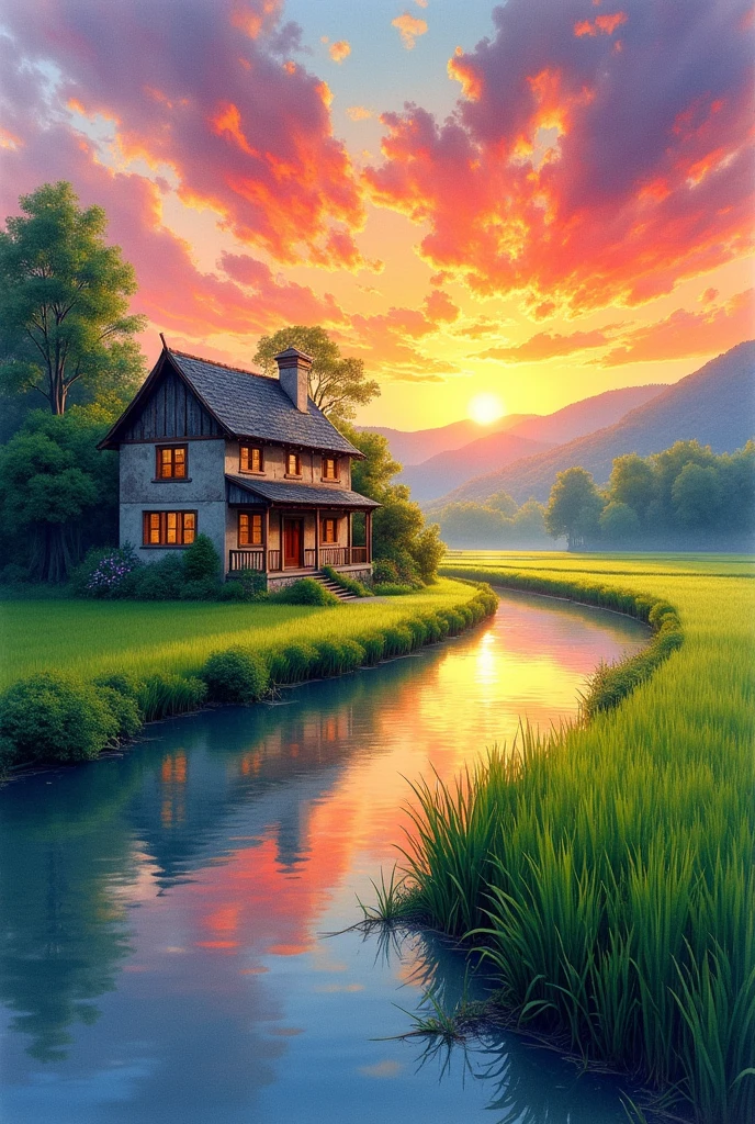 Impressionist watercolor landscape showing a rural residence set in (rice fields) as the setting sun creates a multicolored canvas against the sky and reflects its brilliance on the surrounding foliage and calm water,ancient residence, calm river, sunset ,vibrant sunsets, lush nature, twilight, beautiful textures, rich foliage,serene harmony, reflections in the water, warm color palettes, broad brush strokes, dreamy atmosphere,gradient skies, soft lighting,artistic impression