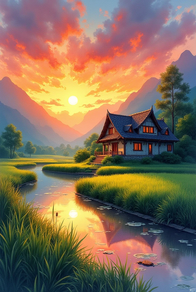 Impressionist watercolor landscape showing a rural residence set in (rice fields) as the setting sun creates a multicolored canvas against the sky and reflects its brilliance on the surrounding foliage and calm water,ancient residence, calm river, sunset ,vibrant sunsets, lush nature, twilight, beautiful textures, rich foliage,serene harmony, reflections in the water, warm color palettes, broad brush strokes, dreamy atmosphere,gradient skies, soft lighting,artistic impression