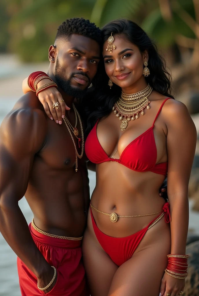 Indian Sexy Curvy milf women,with big boobs,big ass ,chubby face ,red bikini,Red Sindur , Honeymoon red bangles,Stud chain earrings,Forehead Pendant ,Long gold Mangalsutra,4 gold Necklace, Diamond ear pin ,Gold Armlet,gold waist chain ,full photo, sitting on shoulder of a black muscular African muslim man ,both are looking straight to camera for pose