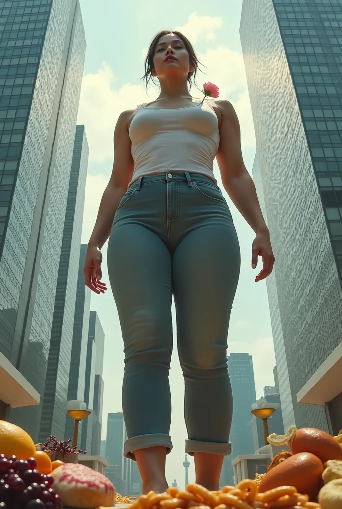 Big, strong, giant girl, has a big mouth standing level with a skyscraper looking at the camera wearing modest clothes, holding a small rose behind her, many delicious morning foods as humans do, realistic, real, high resolution details, full picture like reality