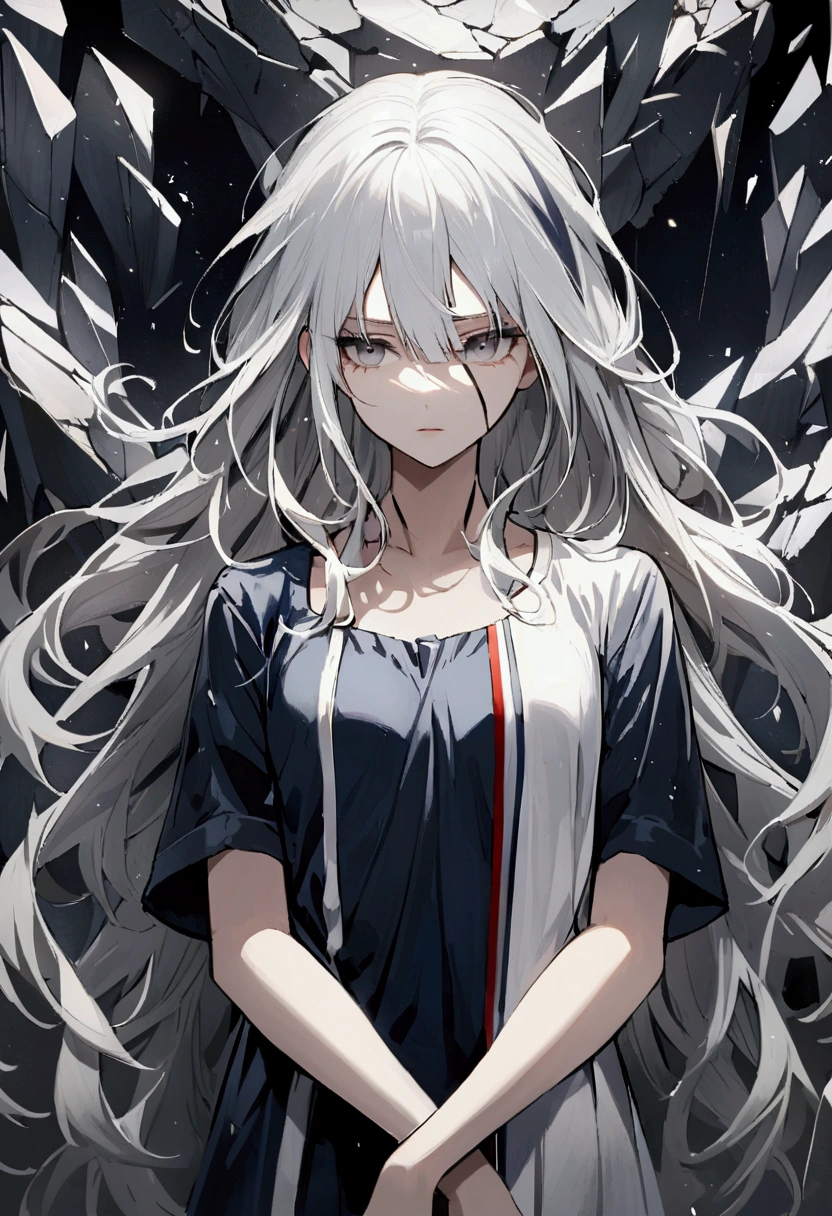 age girl, tidy hair, medium length hair, multicolored black and white hair, middle stripe, gray eyes, face neutral, dark blue shirt, loose white short sleeve overcoat, white tattoos on the body, metal shards around the character