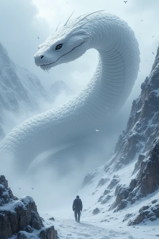 In a snowstorm on a snowy mountain、A big, scary white snake looks down on me