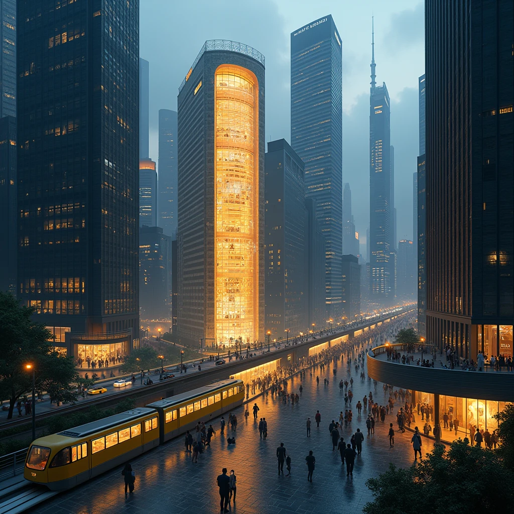 The capital city has 10 tall buildings, dark tones, but there is 1 building that is bright, prominent, and has a lot of people interested in it. This building is a shopping mall with a lot of people walking around, no traffic jams, and in front of the building there is a modern yellow skytrain.