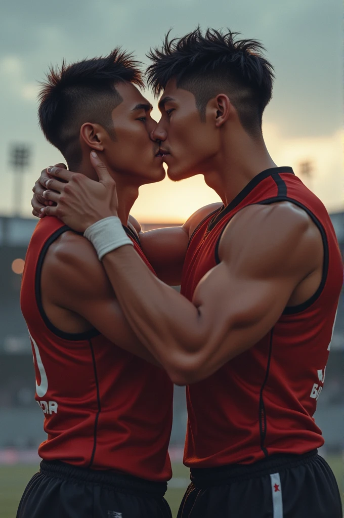 japanese young rugby player A and Asian rugby player B。A has a buzz cut and dark skin、muscular。Wearing sleeveless rugby uniforms。B has short hair and is a muscular jock。A and B kissed after a rugby match.、Touching each other.カウボーイショット, 