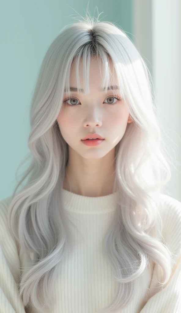 there is a woman with long hair and a white sweater, a pastel by Lü Ji, trending on cg society, rococo, girl Chinese fashion silver hair, ulzzang, long white hair and bangs