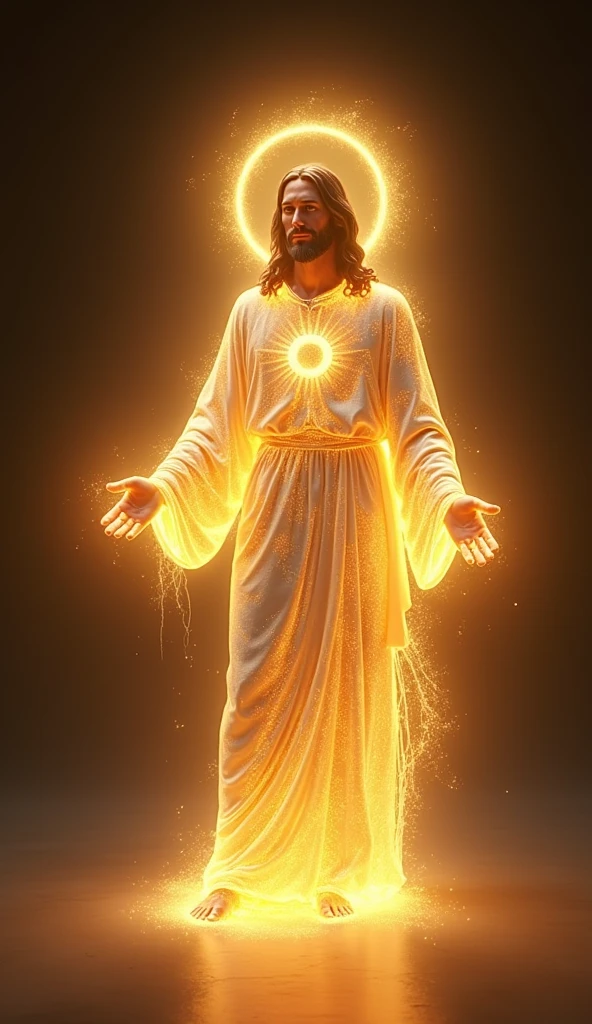 Create an image of Jesus Christ made entirely out of light, with his form glowing and ethereal. His facial features, hair, and should be composed of delicate beams of light. The halo around his head should shine with a brilliant, golden glow, and the entire figure should radiate warmth and peace. The background should be dark to highlight the luminosity of the figure, with light softly emanating from him, creating a divine and serene atmosphere