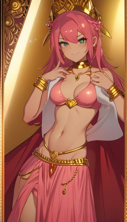 A smug narcissistic pink haired goddess wearing a golden bra and golden pants and lots of jewelry covering every part of her body with gold gems and all kinds of jewelry flaunting herself showing off 