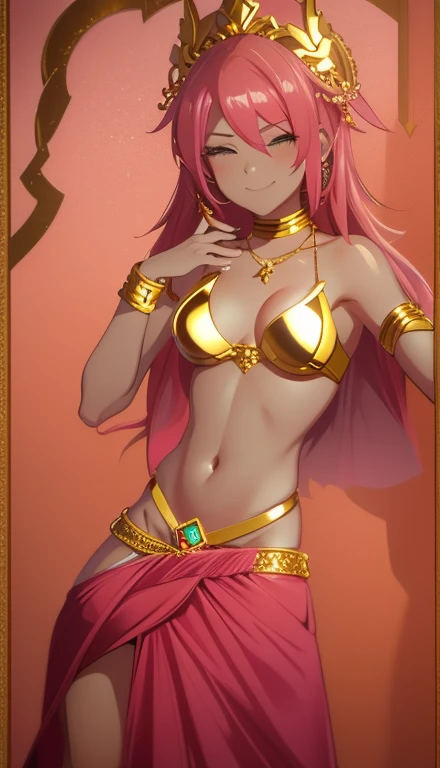 A smug narcissistic pink haired goddess wearing a golden bra and golden pants and lots of jewelry covering every part of her body with gold gems and all kinds of jewelry flaunting herself showing off