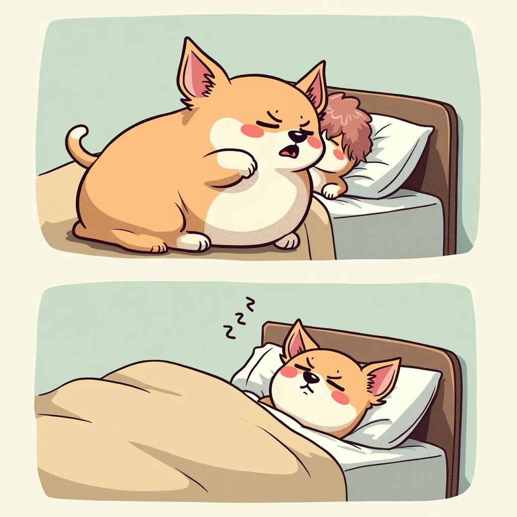 Chibi Style, 2-panel cartoon, dot halftone, Flat Color,Chihuahua having difficulty breathing and sleeping,Chihuahuas are fat,I am sleeping while snoring.,Troubled face