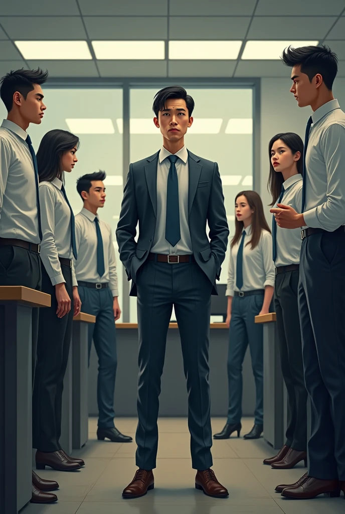 Due to differences in nationality、Illustration of an Asian person experiencing racial discrimination in a company office