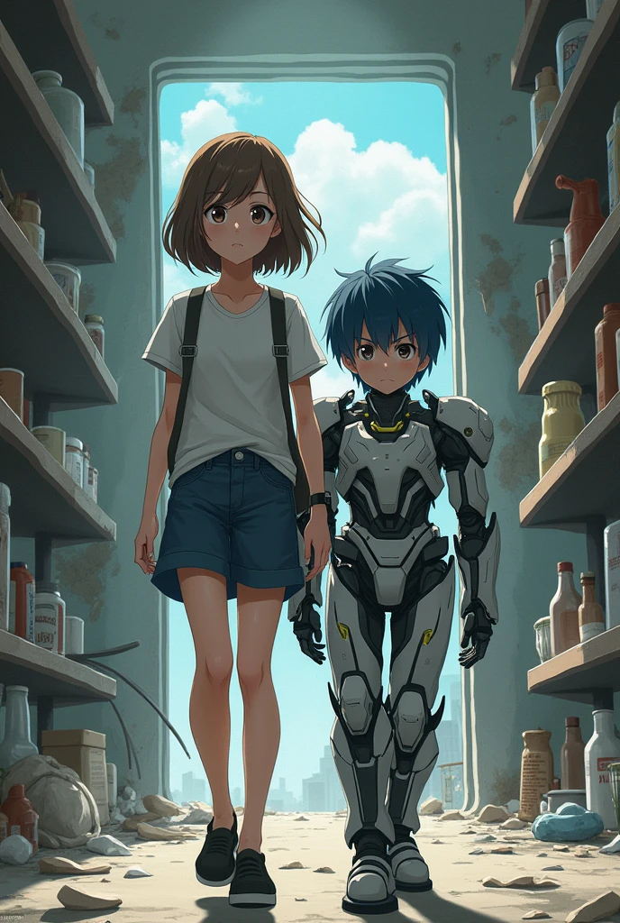 1 woman with short brown hair in an abandoned store with a strong 2 boy with dark blue hair wearing a full body anime style basuca