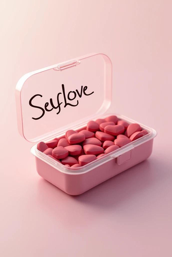 pill box with heart shaped pills and its name is self love. realistic image