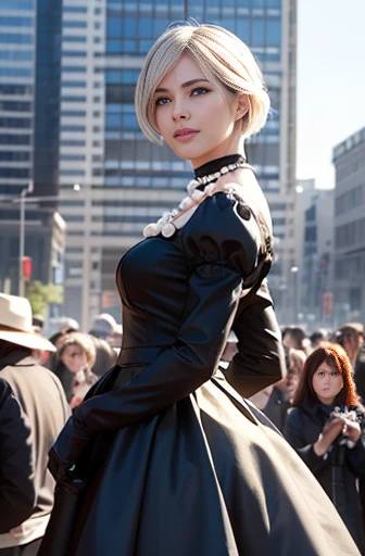 8k, ultra realistic, masterpiece, best quality, ultra detailed, beautiful face, beautiful skin, photorealistic, (professional lighting:1.2), nier_automata, 2B, light smile, pearl necklace, looking at viewer, cowboy shot, focus on face, ultra sharp, on street in business district, ultra detailed photo background, (((with the crowd)))