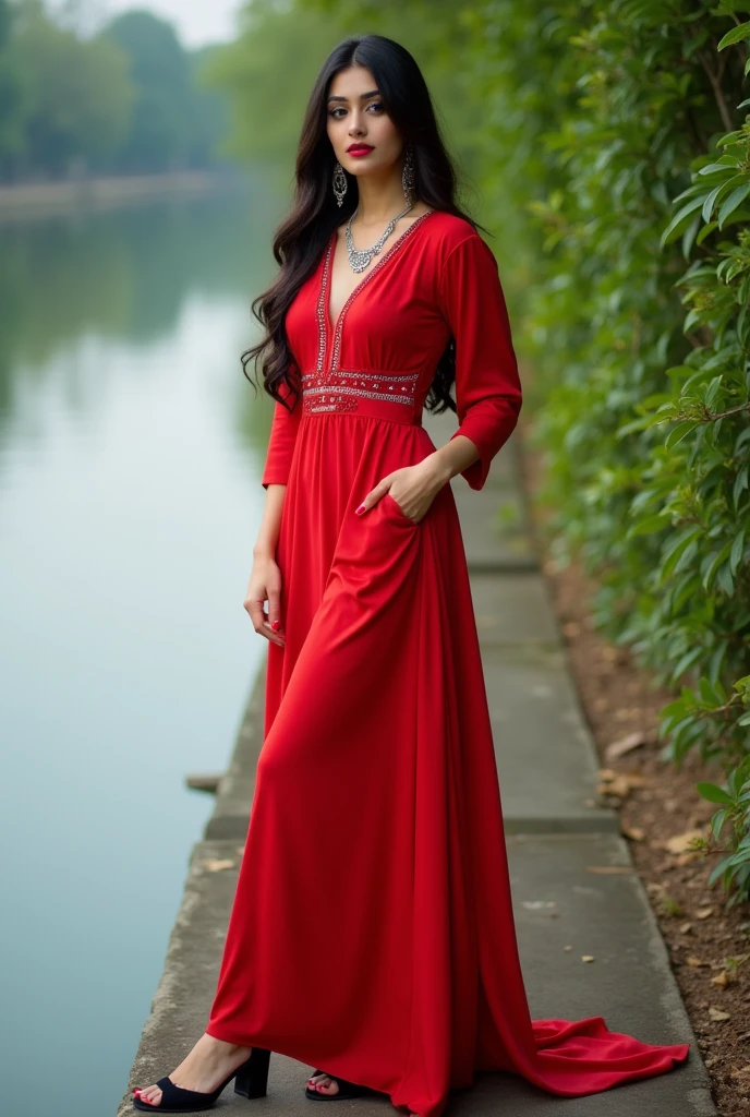 Beautiful pakistani women wear red maxi full picture long hairs style red lipstick brown eyes stand with horse silver necklaces red nail paint black heal sandal stand near ap greenery right side of water