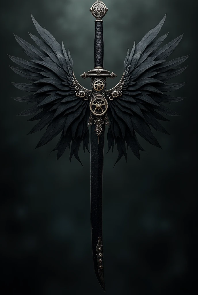 A black katana decorated with gears and a black wing on one side.