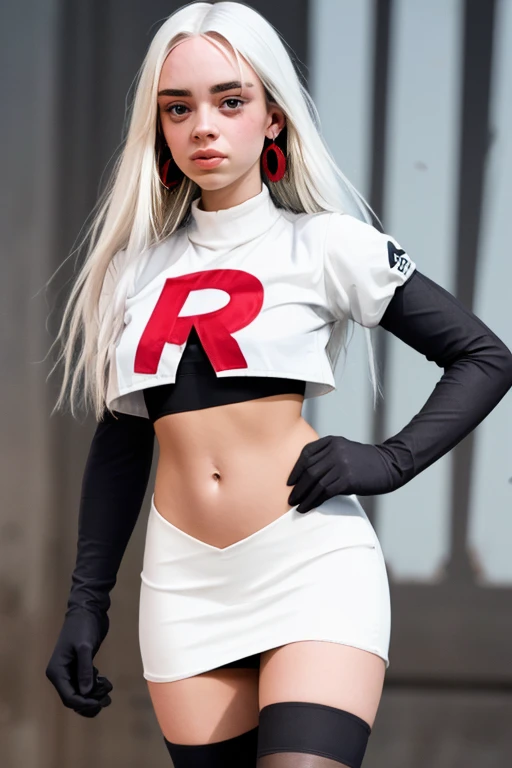 The face of billie eilish, 1girl, solo, team rocket,team rocket uniform,white skirt,red letter R,crop top,black thigh-highs,black elbow gloves, earrings, large breasts, 