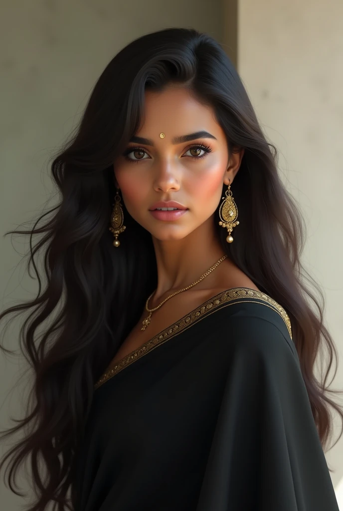 Indian girl with long hair and wearing black saree with earrings 