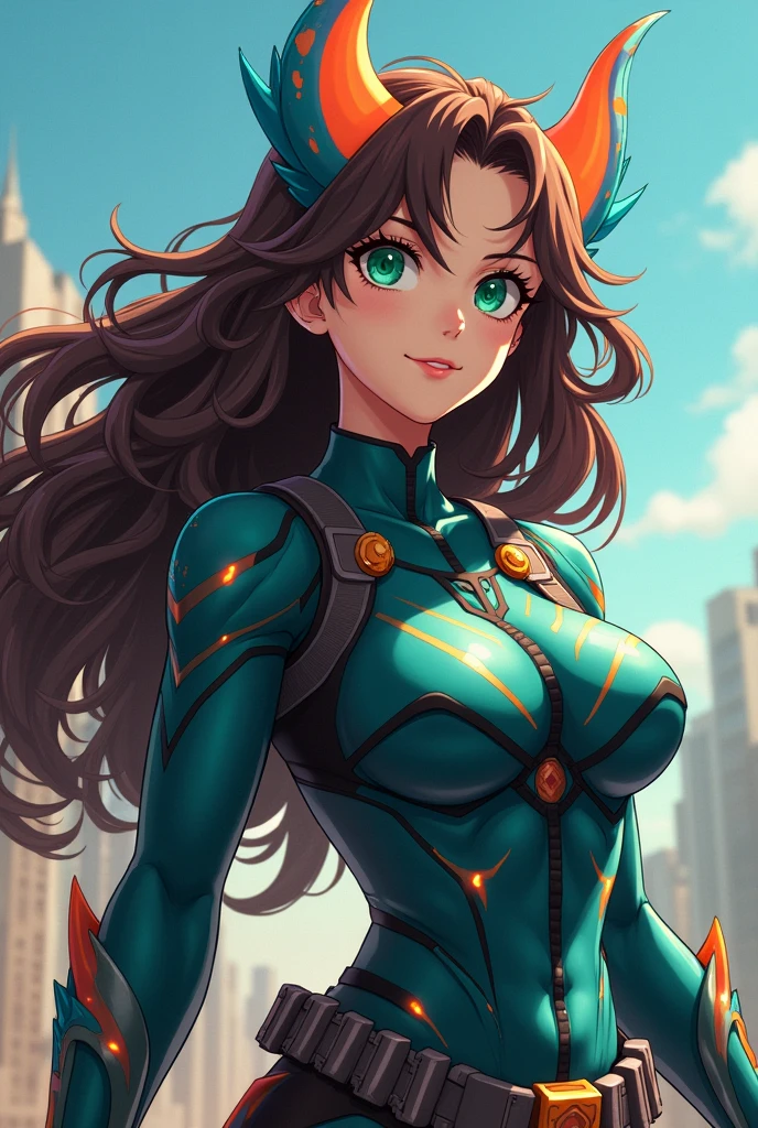 Screenshot of my hero academia girl long curly hair brown hair with orange, blue demon horns and green eyes, Super Hero