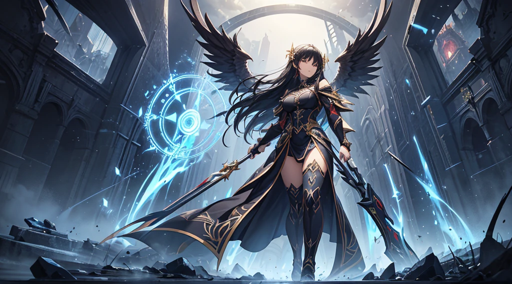 (high quality, Masterpiece, High resolution, Textured skin, high quality, Caution about scars, Precise CG unification, game CG, masterpiece), (One woman), Are standing, black long hair, wizard, machine angel, fighting, magic circle, battle scene, ethereal,
