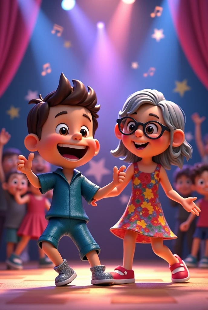 Imagine a vibrant and playful cartoon scene: Sammy and Grandma Rosie are depicted in a charming clay animation style, full of bright colors and whimsical details.

In the foreground, Sammy is a small, cheerful boy with a wide, excited smile. He’s dressed in a shiny blue outfit with sparkly shoes that gleam under the stage lights. His arms are lifted mid-twirl, and his feet are caught in a lively dance step, showing off his enthusiasm and energy. His eyes are wide with joy, and his cheeks are flushed with excitement.

Beside him, Grandma Rosie is a kind, supportive figure with a warm, encouraging smile. She’s wearing a colorful dress with floral patterns and comfortable shoes, ready to cheer on her grandson. Her arms are outstretched in applause, and her eyes twinkle with pride. Her clay figure has a touch of silver hair and glasses that add to her wise and caring appearance.

In the background, the stage is set with a whimsical backdrop of stars and musical notes, capturing the fun and magical atmosphere of the contest. There’s a sense of movement and excitement in the air, with animated, playful stage lights and an audience of colorful, cheering characters.

This clay-mode photograph captures the joy of dancing and the loving support between Sammy and Grandma Rosie, highlighting the special bond they share and the fun of their big dance adventure.