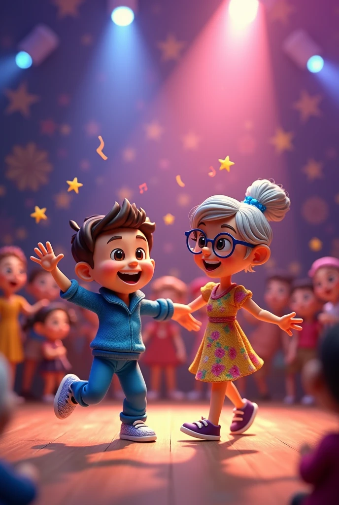 Imagine a vibrant and playful cartoon scene: Sammy and Grandma Rosie are depicted in a charming clay animation style, full of bright colors and whimsical details.

In the foreground, Sammy is a small, cheerful boy with a wide, excited smile. He’s dressed in a shiny blue outfit with sparkly shoes that gleam under the stage lights. His arms are lifted mid-twirl, and his feet are caught in a lively dance step, showing off his enthusiasm and energy. His eyes are wide with joy, and his cheeks are flushed with excitement.

Beside him, Grandma Rosie is a kind, supportive figure with a warm, encouraging smile. She’s wearing a colorful dress with floral patterns and comfortable shoes, ready to cheer on her grandson. Her arms are outstretched in applause, and her eyes twinkle with pride. Her clay figure has a touch of silver hair and glasses that add to her wise and caring appearance.

In the background, the stage is set with a whimsical backdrop of stars and musical notes, capturing the fun and magical atmosphere of the contest. There’s a sense of movement and excitement in the air, with animated, playful stage lights and an audience of colorful, cheering characters.

This clay-mode photograph captures the joy of dancing and the loving support between Sammy and Grandma Rosie, highlighting the special bond they share and the fun of their big dance adventure.