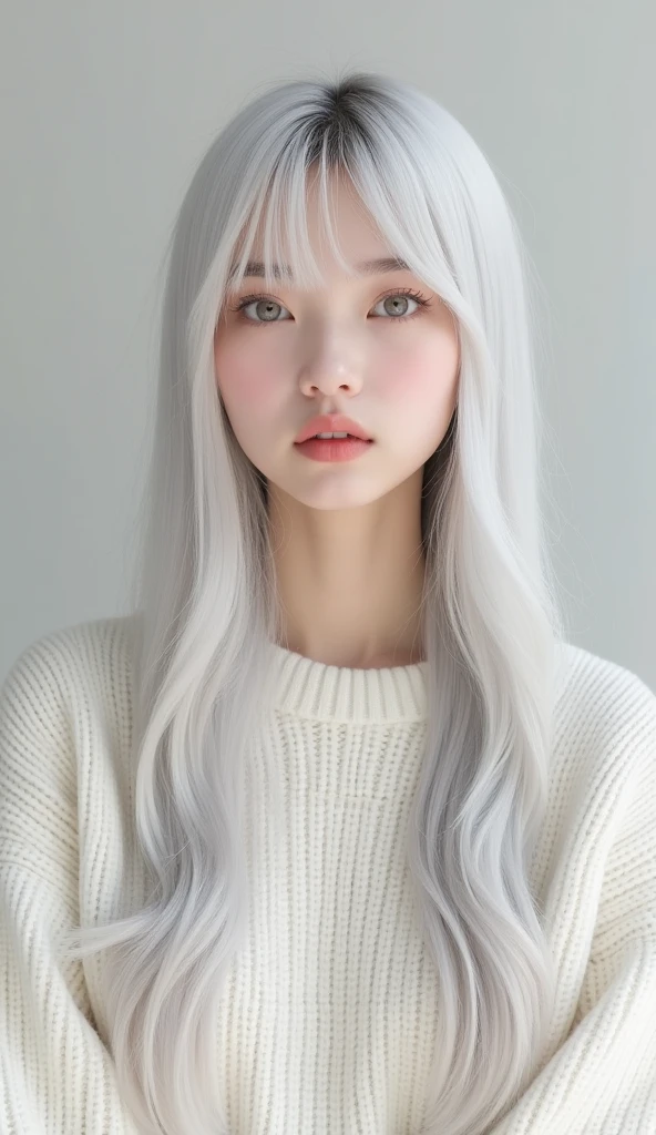 there is a woman with long hair and a white sweater, a pastel by Lü Ji, trending on cg society, rococo, girl Chinese fashion silver hair, ulzzang, long white hair and bangs