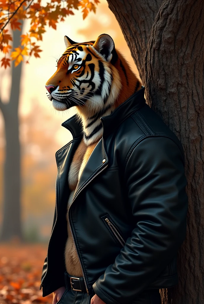 Skinny tiger in black leather jacket leaning against a tree looking to the horizon to the right on an autumn day