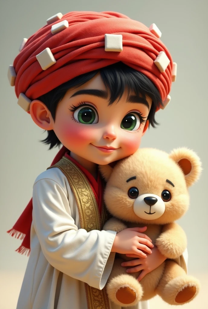 Teddy bear boy with red turban with white squares and white Arab robe with green eyes and thick black eyebrows