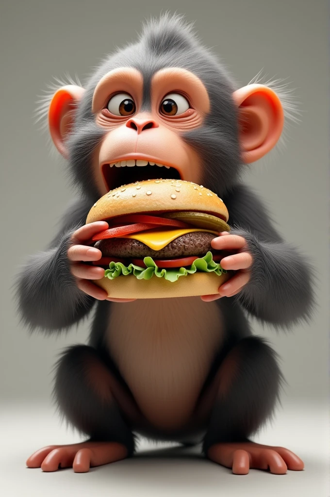Create a 3D effect monkey holding a burger with both hands