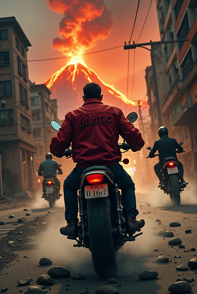 A man in El Salvador with a motorcycle possessed by Venom who on the red jacket says Lainez while driving on a street full of stones and fire from a volcano in a thunderstorm from behind while he is being chased by the Phantom Avenger on a motorcycle and ther on a horse and pegasi not all by Thor the god of thunder The god of thunder chases him riding a pegasus