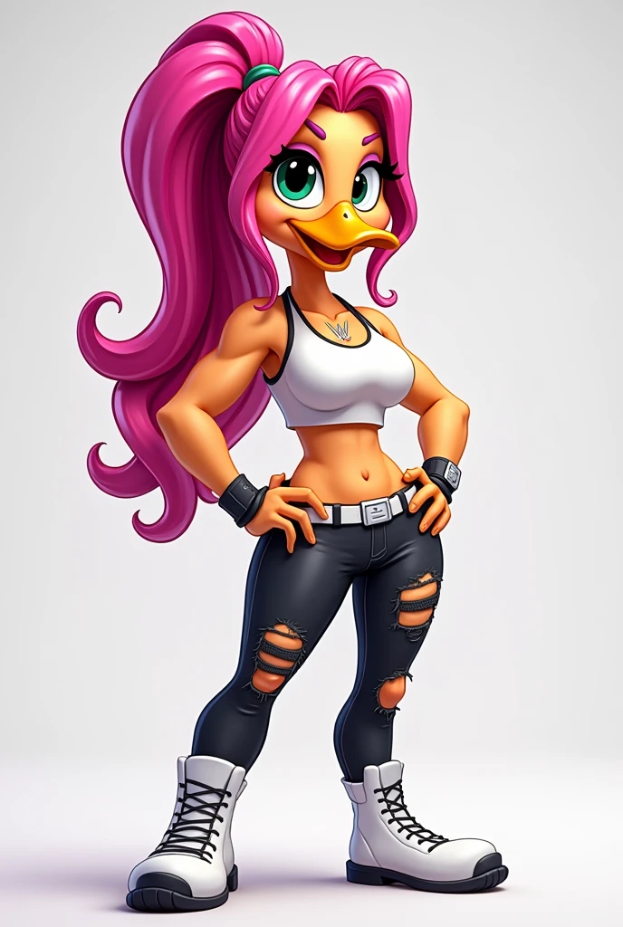 Female cartoon mallard dressed like WWE wrestler Liv Morgan
cartoon mallard head. Cartoon mallard hands. Cartoon mallard body. Cartoon mallard arms. Cartoon mallard legs.
Long pink pigtailed hair. Feminine. Muscular.
Ripped black jeans. White belly cut T-shirt. White waist belt. White wrestling boots.