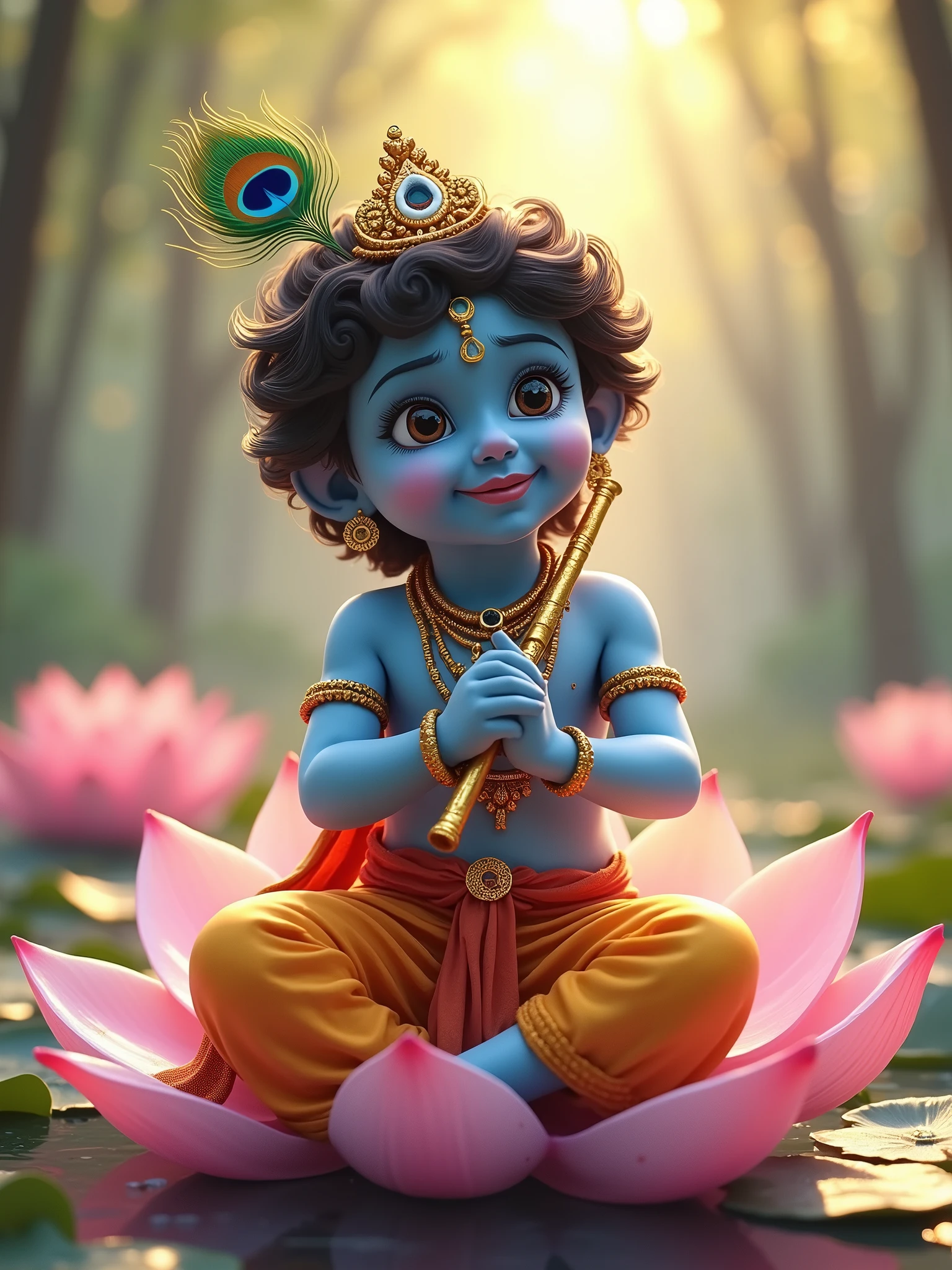 Baby Krishna with his mischievous smile, blue skin, in vibrant traditional attire, playing a Flute, seated on a lotus, peacock-feather adorning his head, in Vrindavan with soft-focus luminescent trees in the background, pastel color palette,  golden rati, ultra-realistic, soft natural light