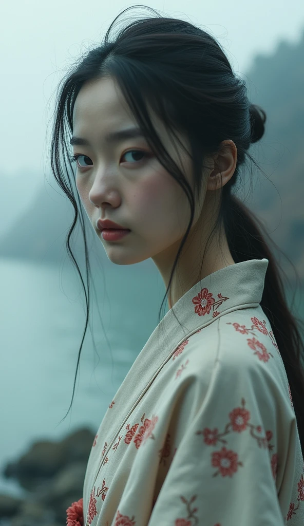 Edit Photos,Highly detailed background,Ultra-realistic,Double exposure,Depth of written boundary,Beauty Super slender Skinny Korean style,Soft focus black tone,Story Scene,Portrait Photography,iris,pupil,Wabi-sabi,Mole,Open your lips,From behind,kimono,Waterfront,Super long straight thin hairstyle,Full Body Shot,