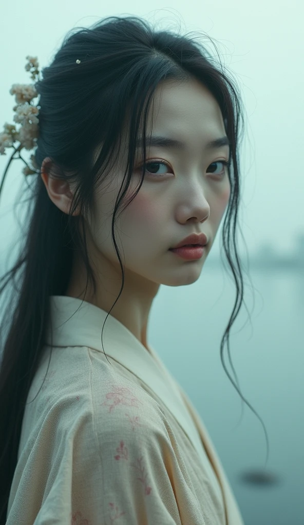 Edit Photos,Highly detailed background,Ultra-realistic,Double exposure,Depth of written boundary,Beauty Super slender Skinny Korean style,Soft focus black tone,Story Scene,Portrait Photography,iris,pupil,Wabi-sabi,Mole,Open your lips,From behind,kimono,Waterfront,Super long straight thin hairstyle,Full Body Shot,