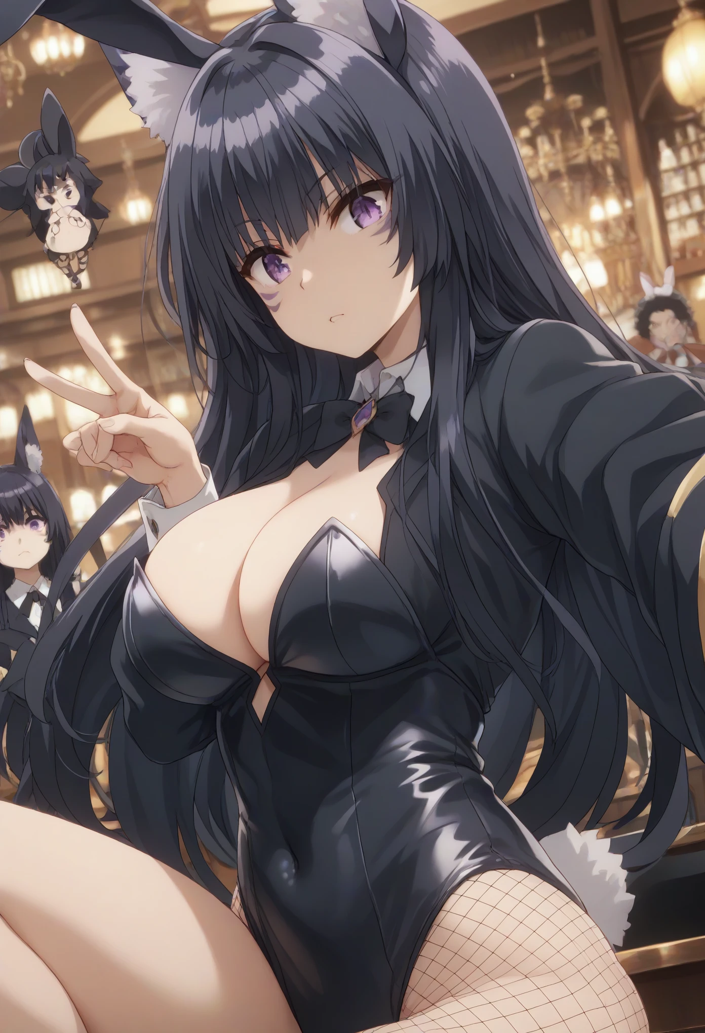 delta, long hair, black hair, animal ears, purple eyes, cat ears, animal ear fluff, facial mark,, large breast,BLACK BUNNY SUIT,BUNNY EARS,fishnet